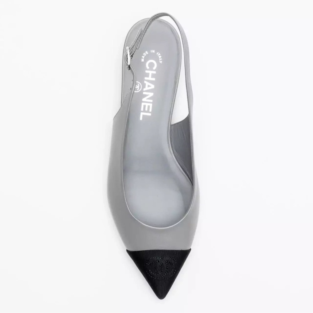 Chanel 24A Gray Leather Black CC Logo Coco Slingback Pointed Toe Ballet Flat 36c - Picture 9 of 16